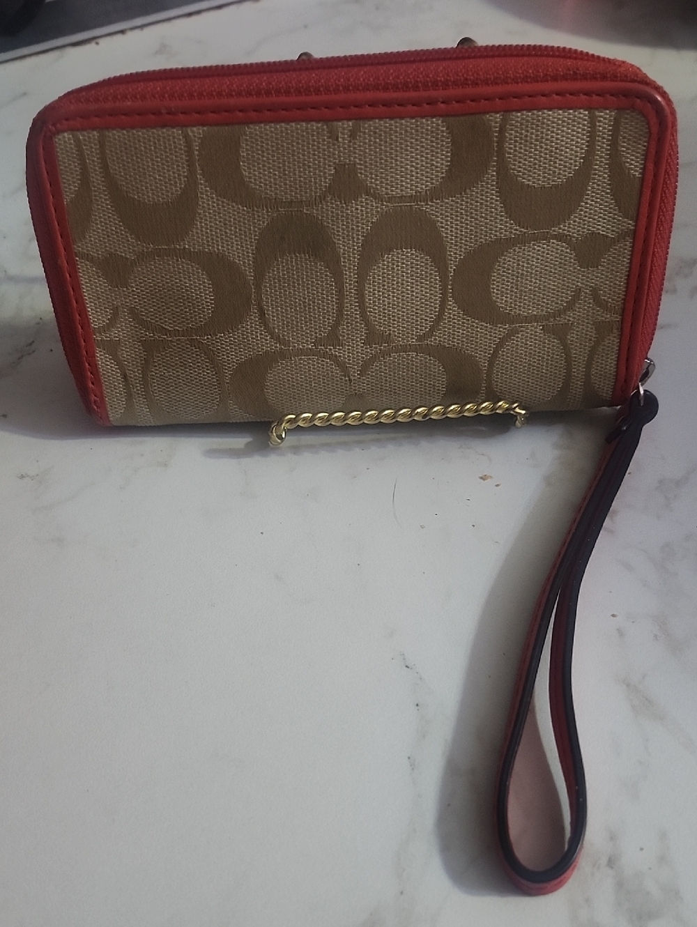 Coach Signature Canvas Wristlet in Tan and coral Pink - Picture 4 of 13